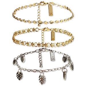 INC Two-Tone 3 Piece Set Palm Leaf Charm Chain-Link Anklets Ankle Bracelets New